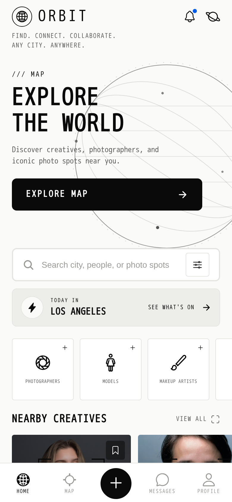 Orbit Core home screen with nearby creatives