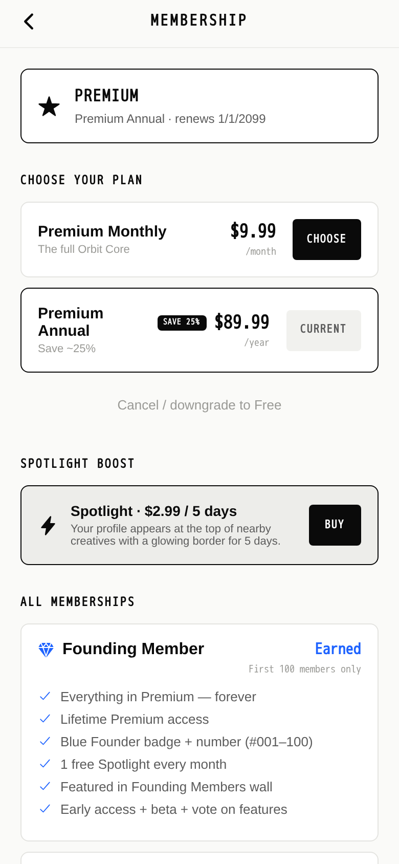 Orbit Core membership and premium plans